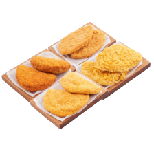 Kipschnitzel 
naturel, saté of krokant, 
kipburger of kip cordon bleu
2 pakjes van 2 stuks à 100-125 gram